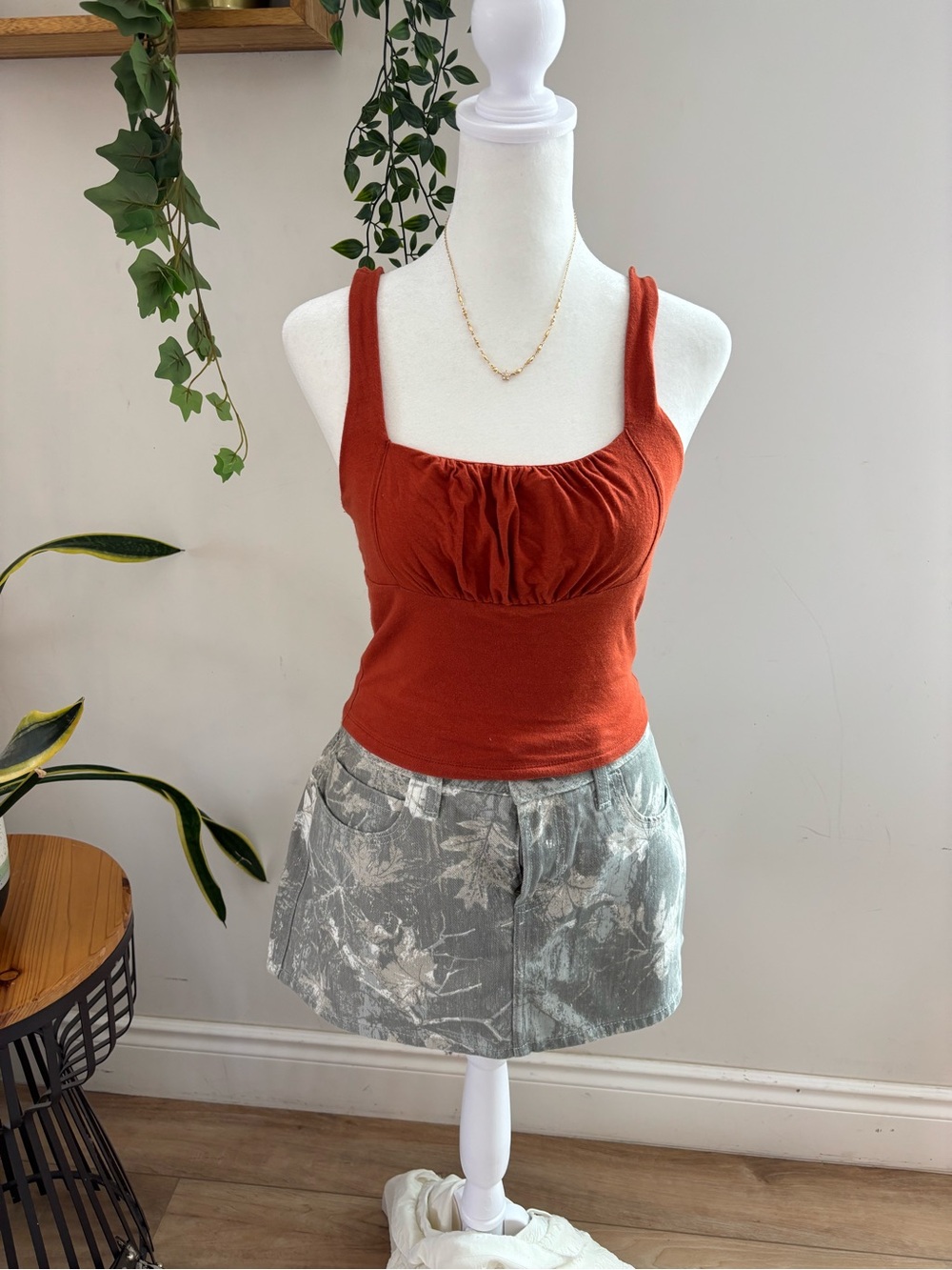 Rust Red orange Ruched Square Neck Tank Top - Picture 2 of 5